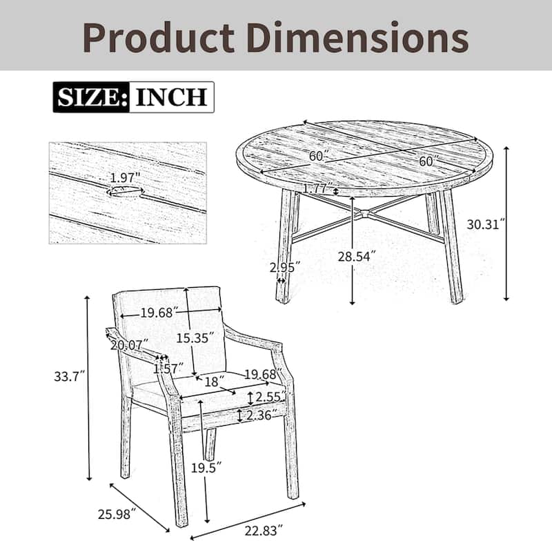 Outdoor Dinning Set with Umbrella Hole, Removable Cushions, Set of 5