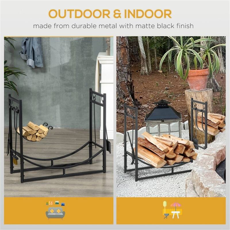 Steel Firewood Rack with Elevated Shelves and Fireplace Tool Set Indoor and Outdoor Black - 33" L x 13" W x 30" H