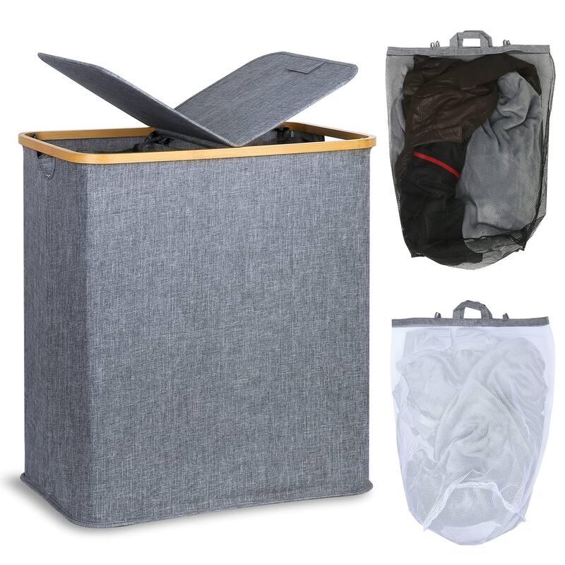 Double Laundry Hamper with Lid, Divided Laundry Hamper with Removable Bags, 2 Section Dirty Clothes Basket with Handles - Blue