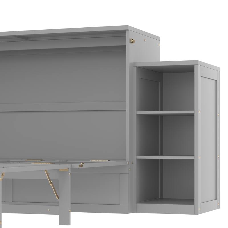 Foldable Wall Cabinet Queen Murphy Bed with Drawers and Open Shelves