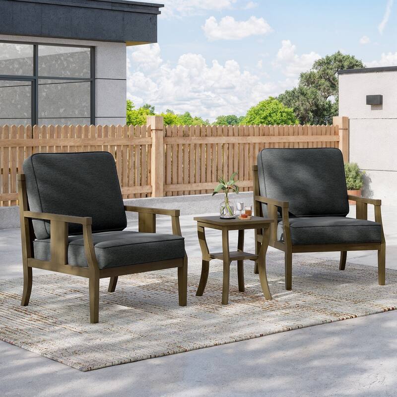 3-Piece Solid Teak Outdoor Patio Furniture Set Armchairs & Storage Table - Naturalframe-Dark Grey - Natural Frame