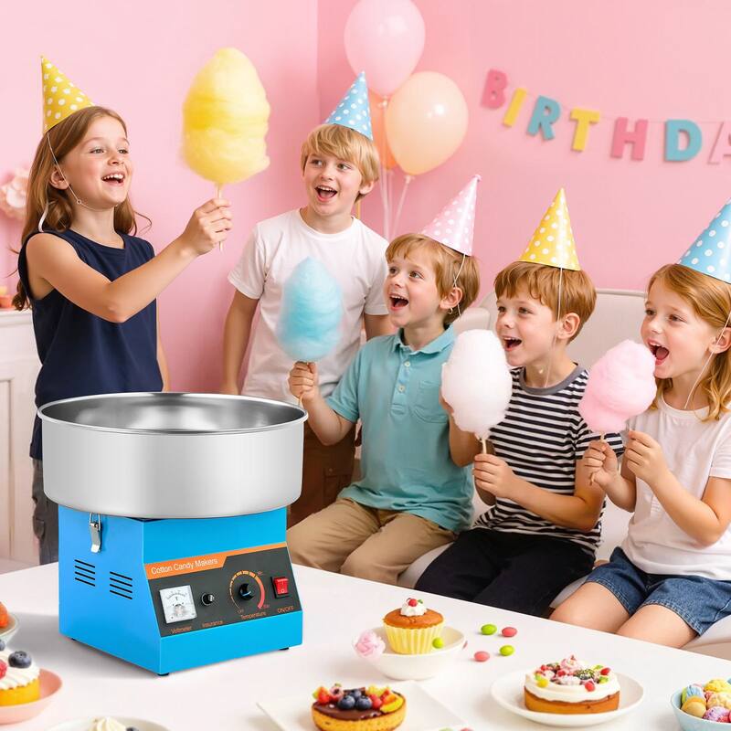 Blue Stainless Steel 1000W Cotton Candy Machine with 1 Hour Run and Easy Cleanup - 14.96x14.96x13.31 in