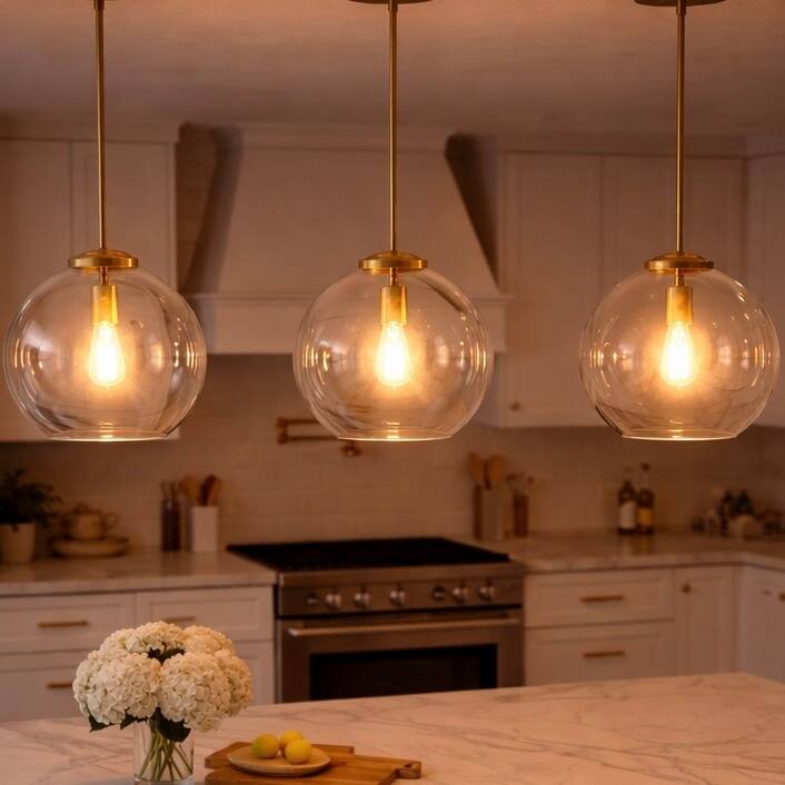 Rexe Satin Brass Pendant with Clear Glass Dome Shade - Clear Glass