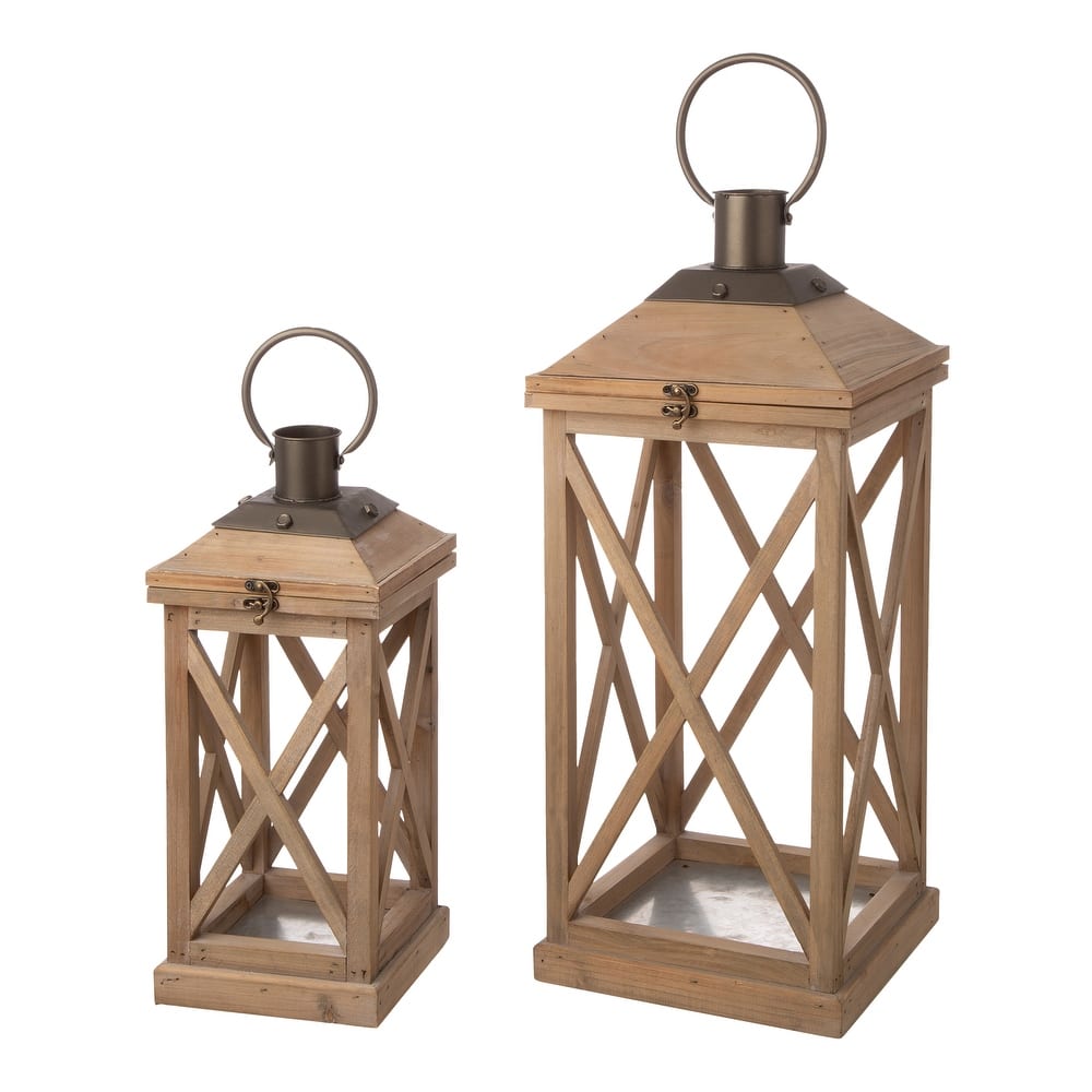Glitzhome Set of 2 Farmhouse Wooden Lantern Hanging Candle Holders Fall Wedding Decor - 24"+17"