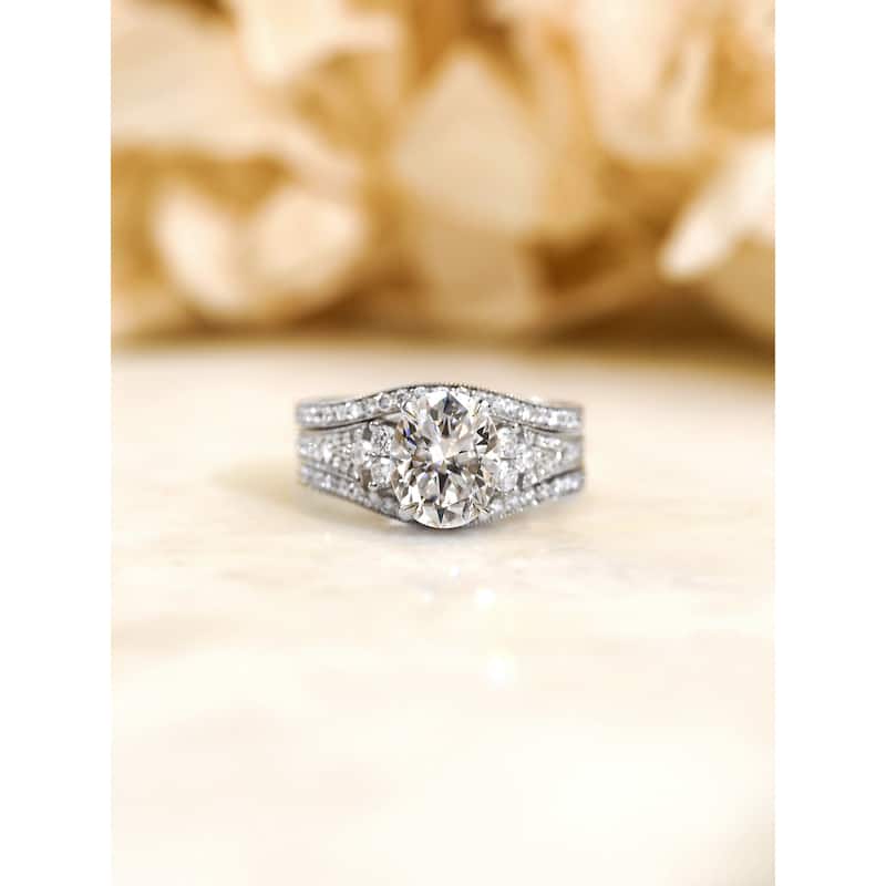 Kobelli 3 Carat Lab Grown Diamond Certified 14k Solid Gold Oval & Side Cluster Interlaken 3pc Bridal Set (EF/VS)
