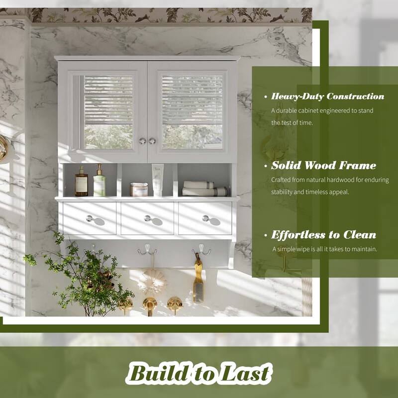 24" Wall Mounted 4-in-1 Bathroom Mirror Cabinet with Drawers & Hooks, High-Definition Medicine Cabinet with Storage for Vanity