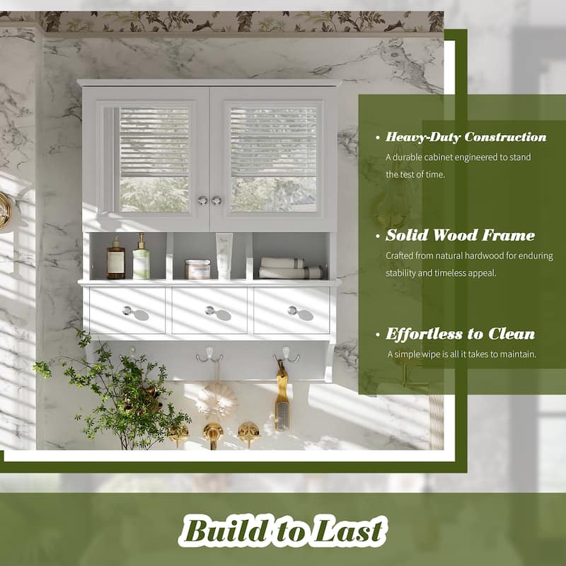 Anmytek 24 Inch 4 in 1 Bathroom Mirror Cabinet Wall Mounted Medicine Cabinet with Drawers and Organizer Hooks