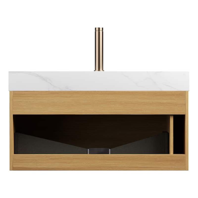 Floating Bathroom Vanity with Sink - Carrara White,Light Oak