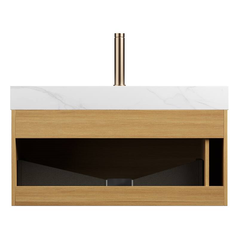 GDFStudio - Nyah Modern Floating Bathroom Vanity with Ultra-Slim Grille Drawer, Sensor Light & Carrara White Sintered Stone Top