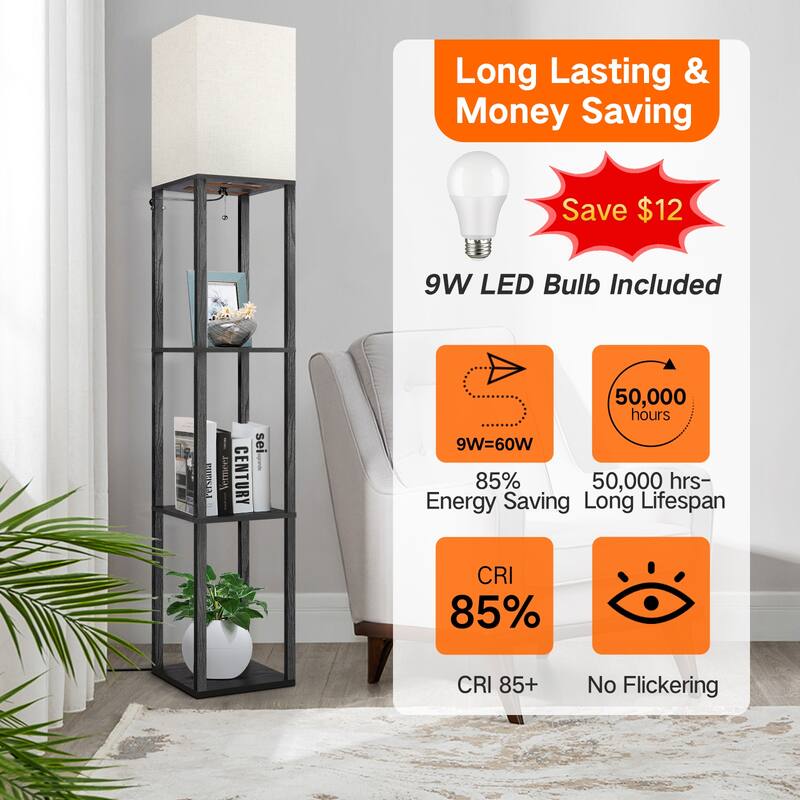 63"Floor Lamp with Shelves,Modern Tall Standing Lamps - N/A - Yellow