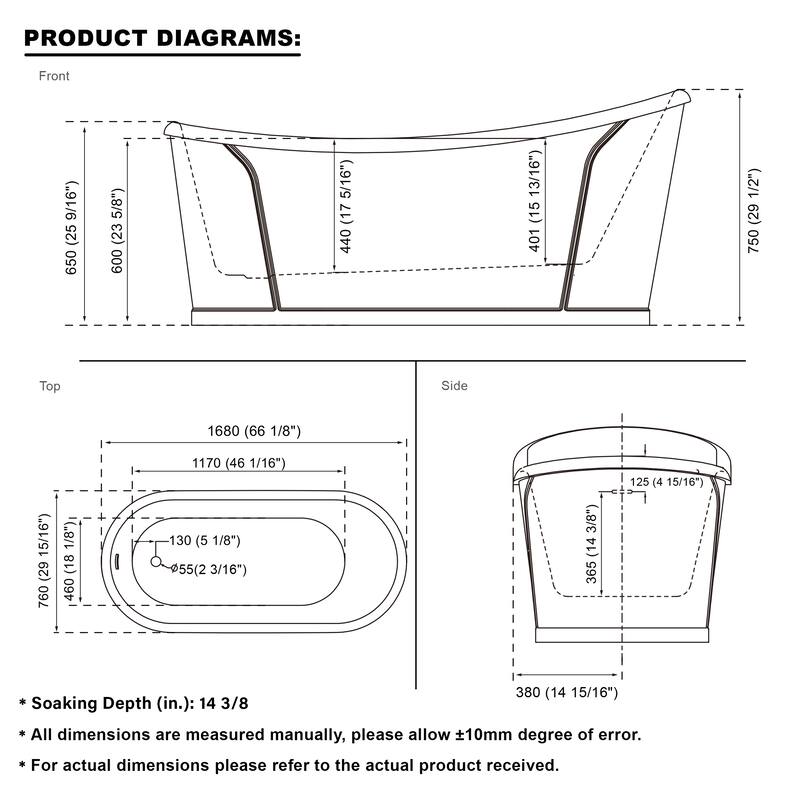 66'' W,68 GALLONS Freestanding Acrylic Soaking Bathtub With Drain And Overflow Holes