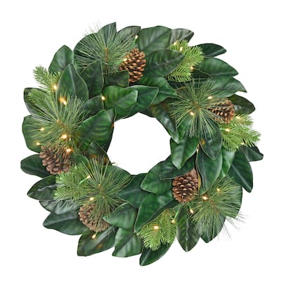 Puleo International 24 in. Pre-lit Magnolia Artificial Wreath - Green