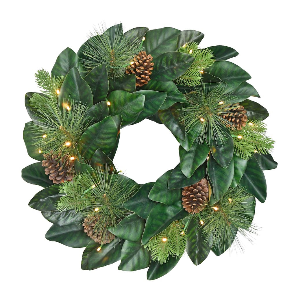 Puleo International 24 in. Pre-lit Magnolia Artificial Wreath