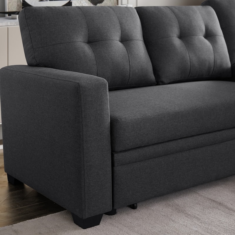 Pull-out Upholstered Sectional Sofa with Storage Chaise & Removable Cushions
