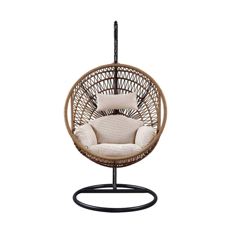 Outdoor Hanging Basket Egg Swing Chair with Steel Stand, Beige Cushion