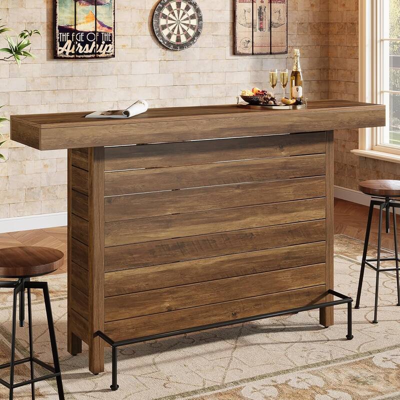 63" Industrial 3-Tier Bar Table, Wooden Rectangular Home Bar Unite for Home Kitchen, Living Room - Brown