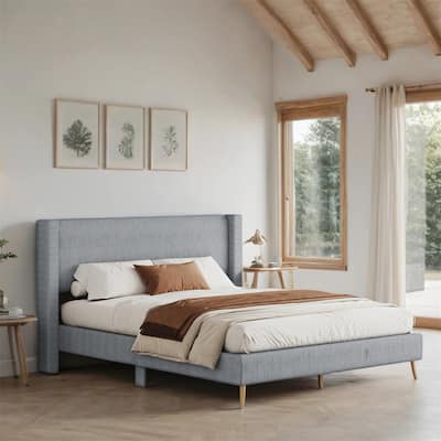 Queen Size Corduroy Platform Bed with Metal Legs and Wood Frame