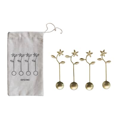 Stainless Steel and Brass Spoons with Flower Handles - 5.4"L x 1.1"W x 0.3"H - 5.4"L x 1.1"W x 0.3"H