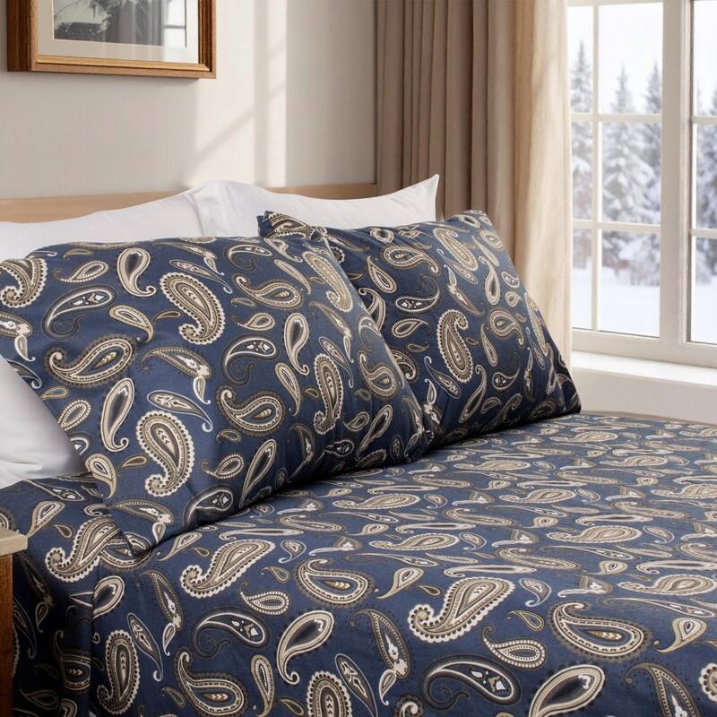 Superior Cotton Flannel Paisley Bed Sheet Set - California King - Navy Blue
