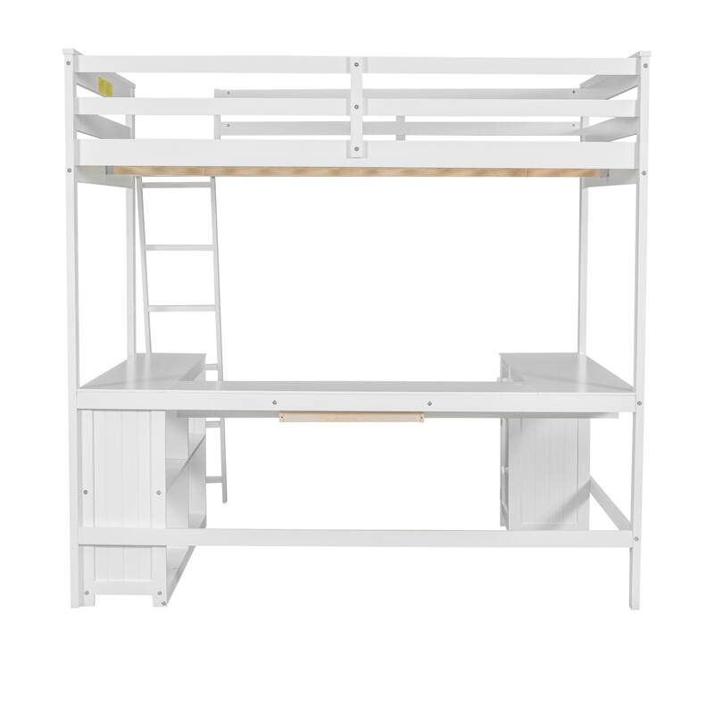 Full Size Loft Bed with U-shaped Desk, Drawers, and Storage Shelves in White