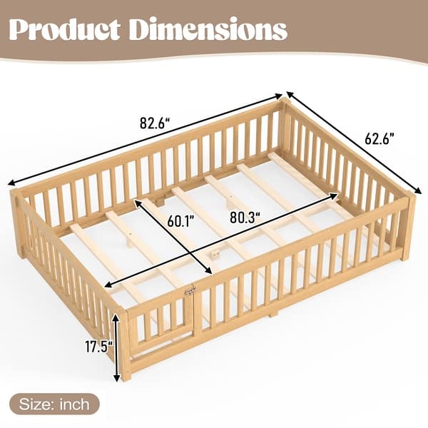 dimension image slide 1 of 16, Wood Floor Bed with Safety Guardrails and Door