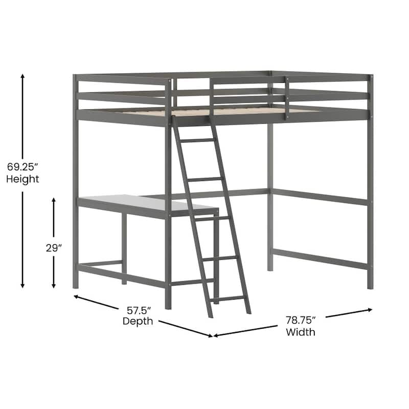 Traditional Wood Slat Loft Bed with Integrated Desk & Ladder