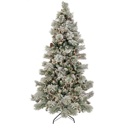 National Tree Company 6.5 ft. Pre-lit Artificial Snowy Yorkshire Hinged Tree, 650 Clear Lights-UL - 6.5 Foot