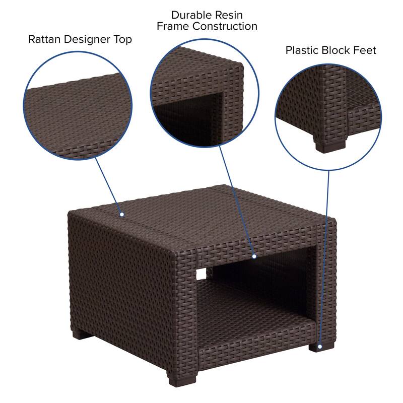 Chocolate Brown Faux Rattan End Table - Outdoor Accent Table - Patio Table - 22"W x 22"D x 15.25"H - 22"W x 22"D x 15.25"H
