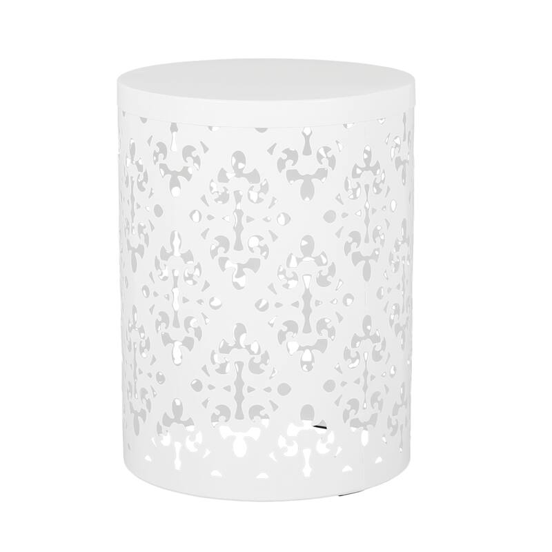 Kemo Outdoor End Table Set of 2, Round Top, Cutout Design, White Iron