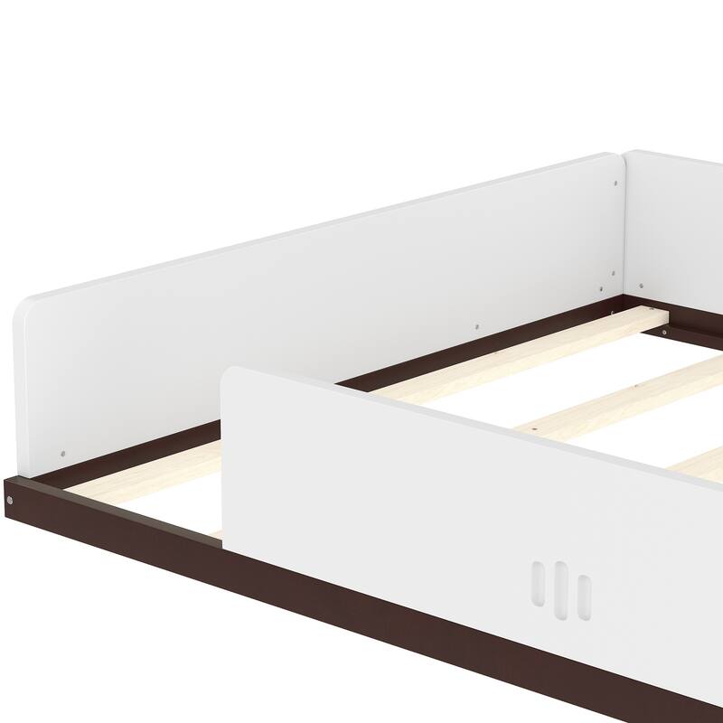 Childlike Wooden Platform Bed Interesting Car-shaped Floor Bed Frame with Storage Drawers, Desk, Open Top Shelf and Headboard