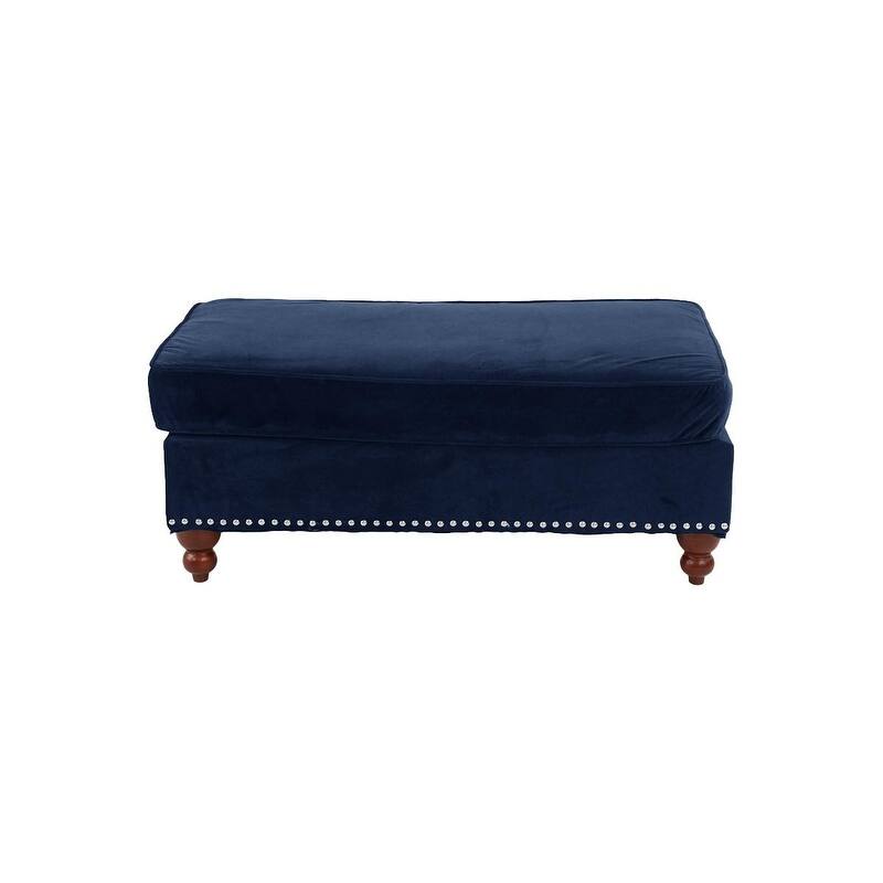 Living Room XL- Cocktail Ottoman Indigo Blue Velvet Accent Studding Trim Wooden Legs