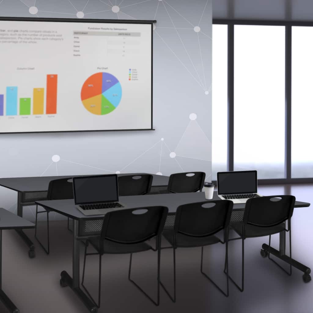 84" x 24" Flip Top Mobile Training Table with Modesty Panel- Grey and 3 Stack Chairs- Black