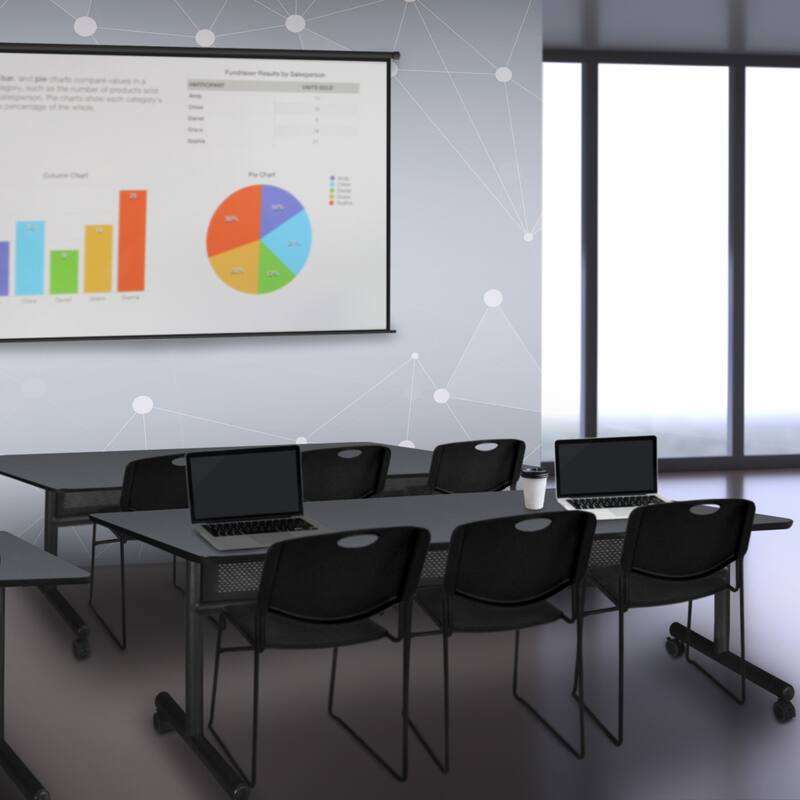 84" x 24" Flip Top Mobile Training Table with Modesty Panel- Grey and 3 Stack Chairs- Black