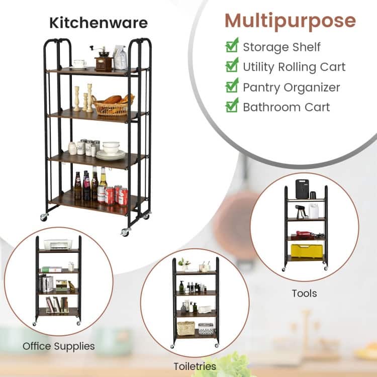 Foldable Rolling Cart with Storage Shelves for Kitchen-4-Tier - 26" x 16" x 52"(L x W x H)
