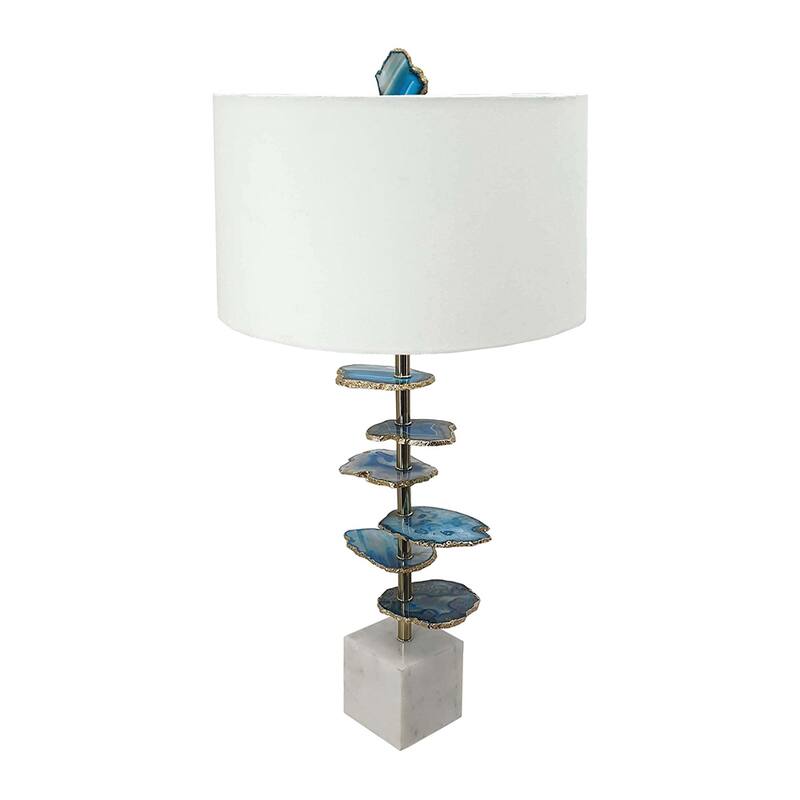 D15x29.5" Verdant Agate-Slice Table Lamp w/ Marble Base - White+Blue