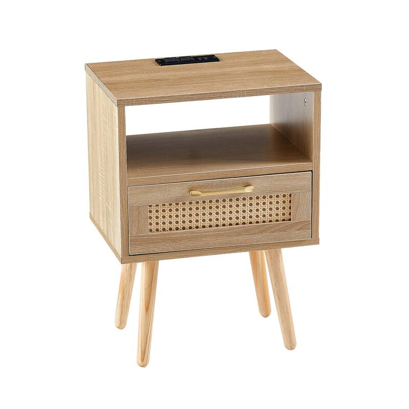 15.75" Rattan End table with Power Outlet & USB Ports, nightstand with drawer and solid wood legs, side table