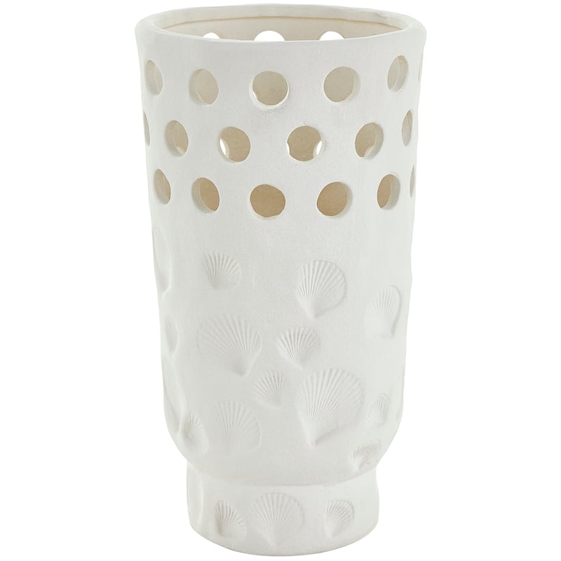 White Ceramic Shell Vase with Circular Cutouts