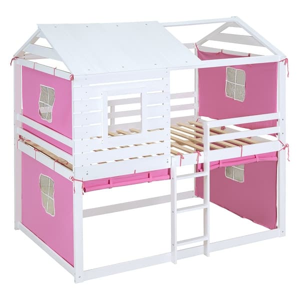 slide 2 of 17, Full Size Wood House Bunk Bed with Windows & Tent, Pink Pink+White - Full