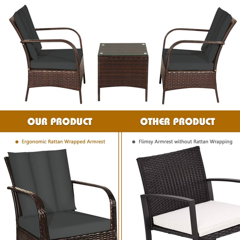 Gymax 3PCS Outdoor Patio Rattan Conversation Set Furniture Set w/