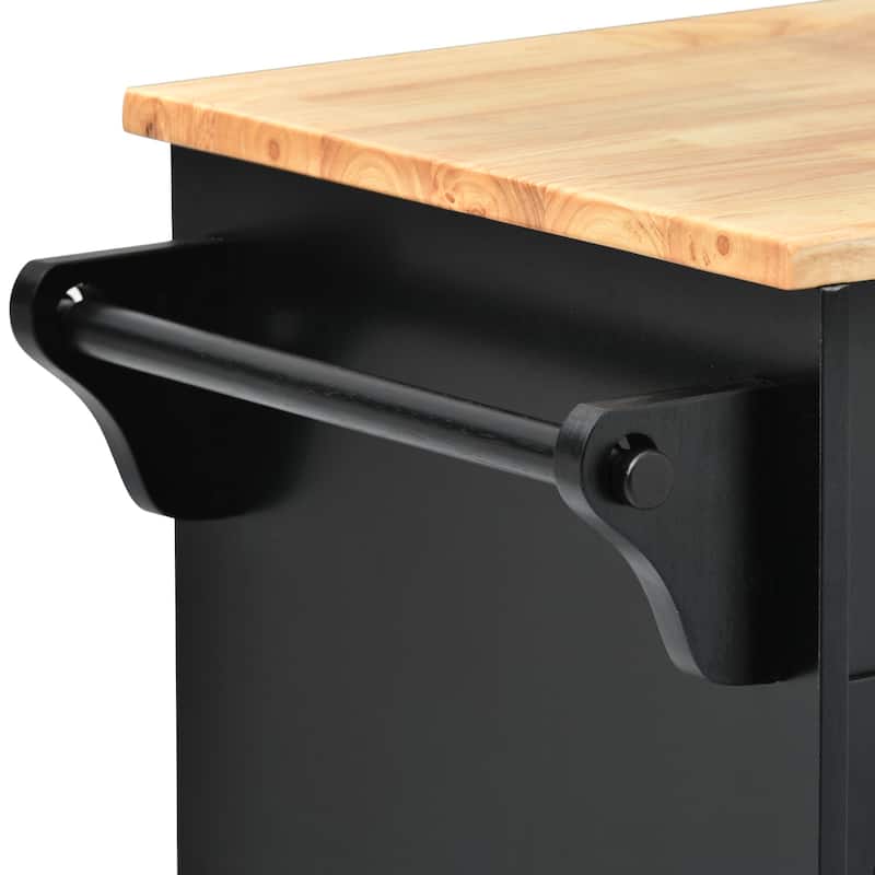 Kitchen Island with on Locking Wheels, Rolling Cart with Rubber Wood Desktop, Mobile Island with 3 Open Shelves & 5 Drawers