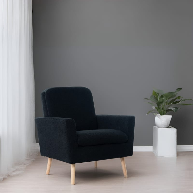 Mid-Century Accent Chair, Wooden Frame Armchair with Soft Teddy Fleece