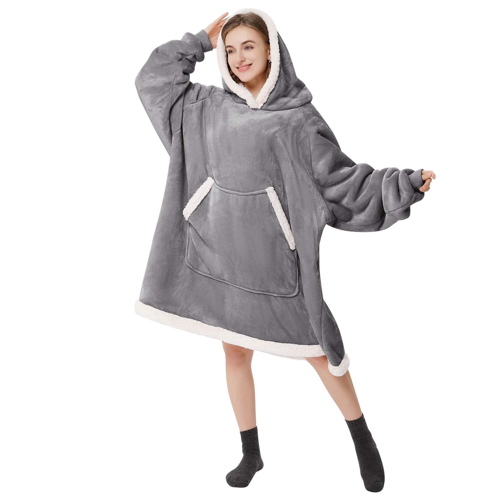 Wearable Blanket Sweatshirt for Adults Super Cozy Giant Blanket Hoodie Flannel Blanket with Sleeves and Giant Pocket Standard Grey