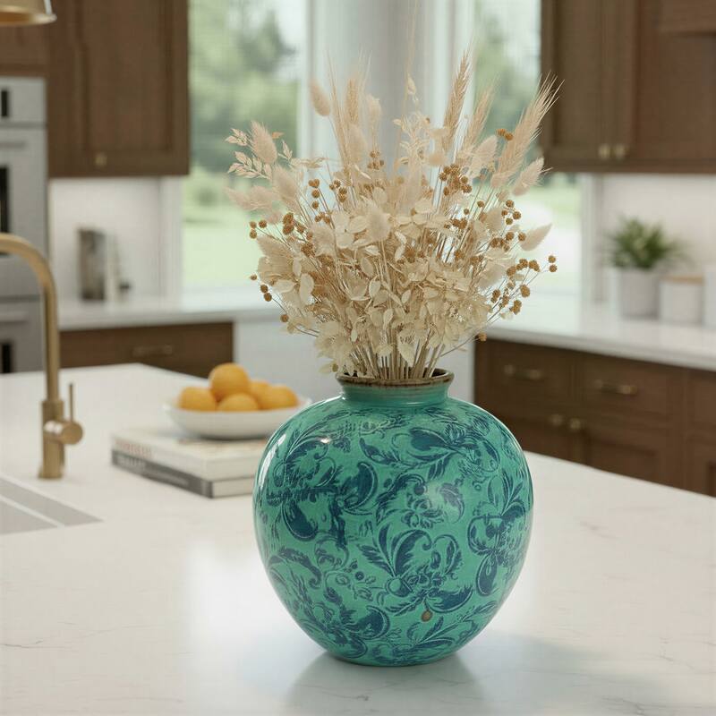 Decorative Terra-cotta Vase with Transferware Pattern - 7.88"L x 7.88"W x 7.88"H - Aqua Blue