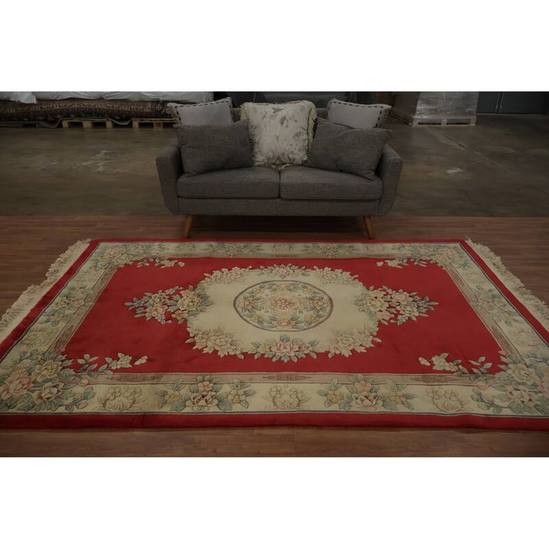 Hand Knotted Oriental 100% Wool Carpet Traditional Floral Red Art Deco Area Rug - 9' 0'' X 5' 10''