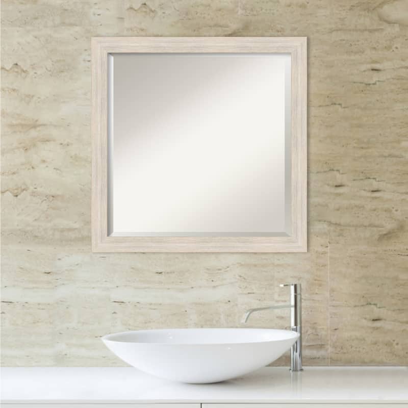 Beveled Wood Bathroom Wall Mirror - Hardwood Whitewash Narrow Frame - Hardwood White Wash Narrow