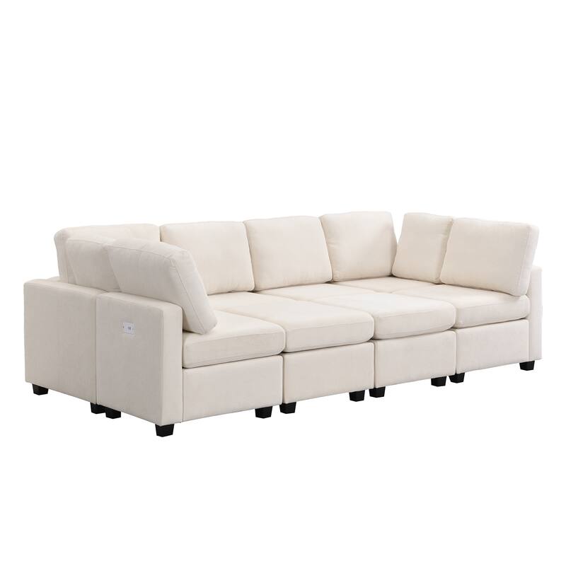 Living Room Chenille U-shaped Sectional Sofa, Pull out Sofa Bed with 2 USB Ports, 3 Back Pillows and Storage Chaise