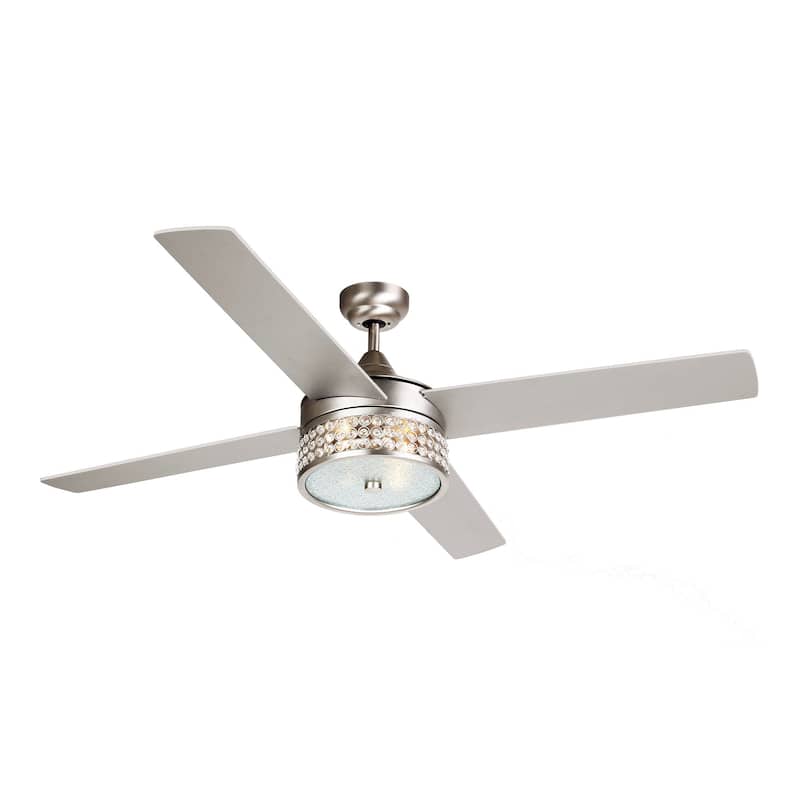 52-inch Satin Nickel/Black 4-Blades Crystal Ceiling Fan with Light Kit