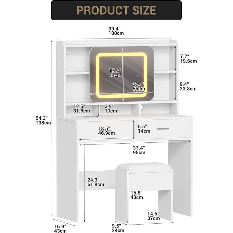 2 Drawer Vanity Desk Makeup Table with Charging Station, Storage Shelves
