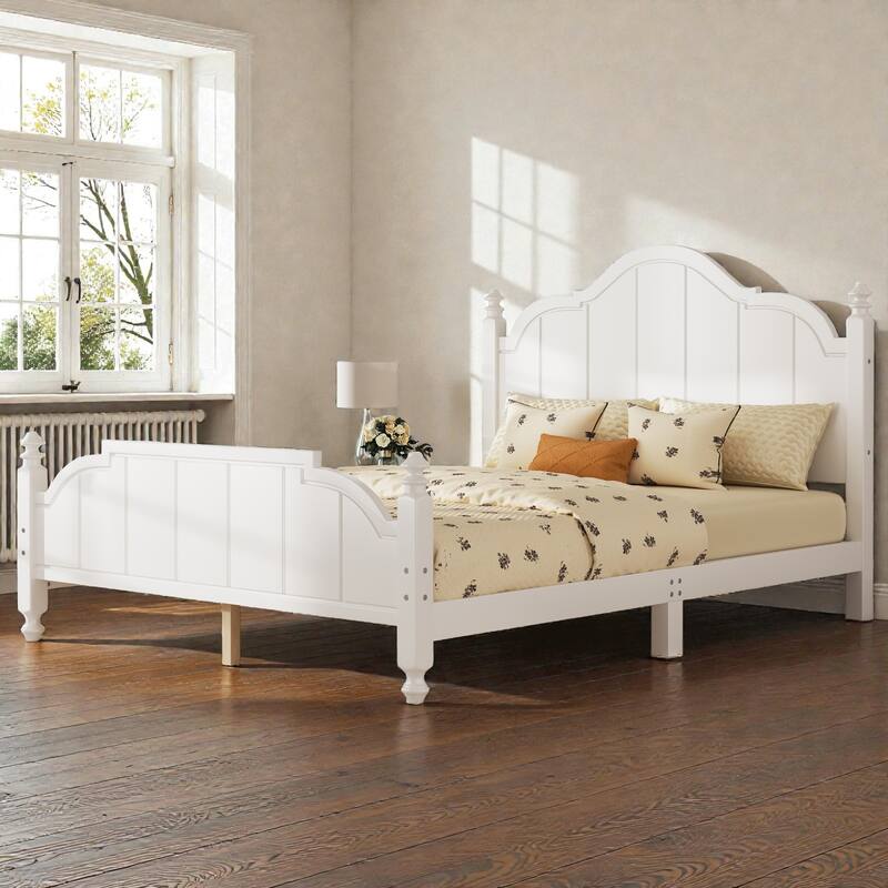Full/Queen Wooden Platform Bed Frame with Wide Headboard, Slat Support, Vintage Style, No Box Spring Needed