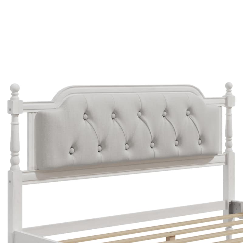 Wood Bed Frame with Button Tufted Headboard and Footboard, Upholstered Bed Four Poster Bed, No Box Spring Needed